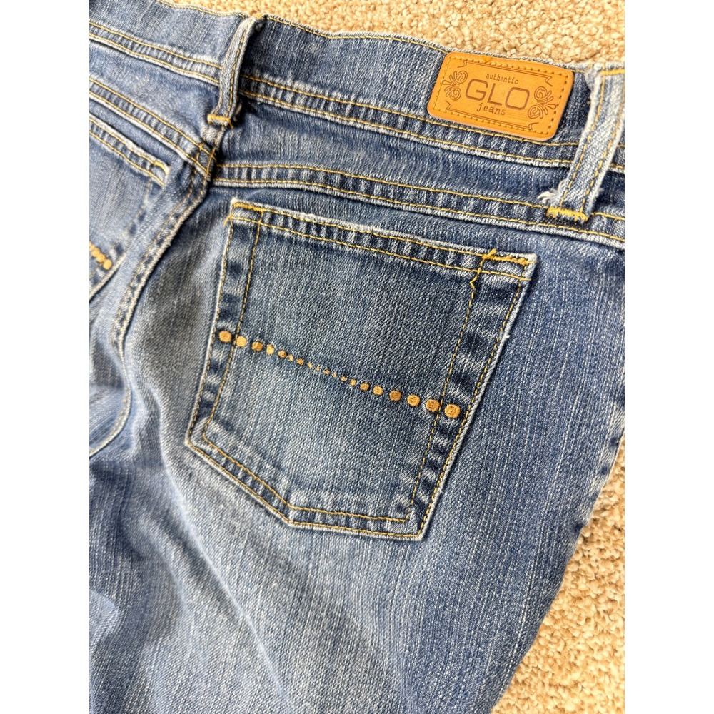 Y2K GLO Jeans Womens Junior 3 Long Blue Flare Denim Mid Rise Bel Bottom Retro